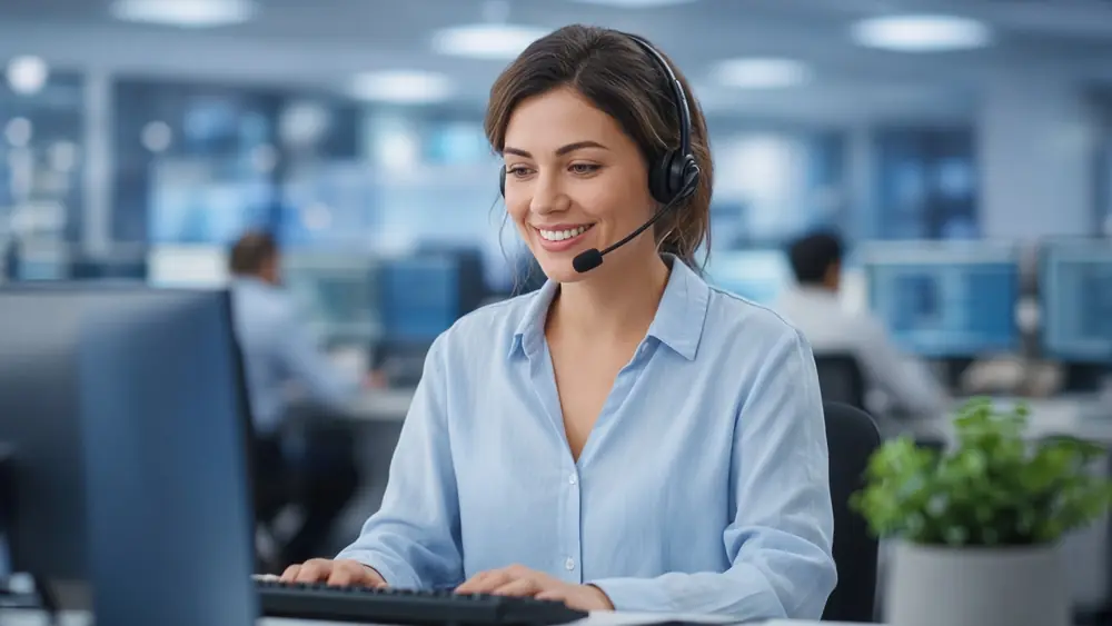 A friendly receptionist wearing a headset, smiling while answering a call