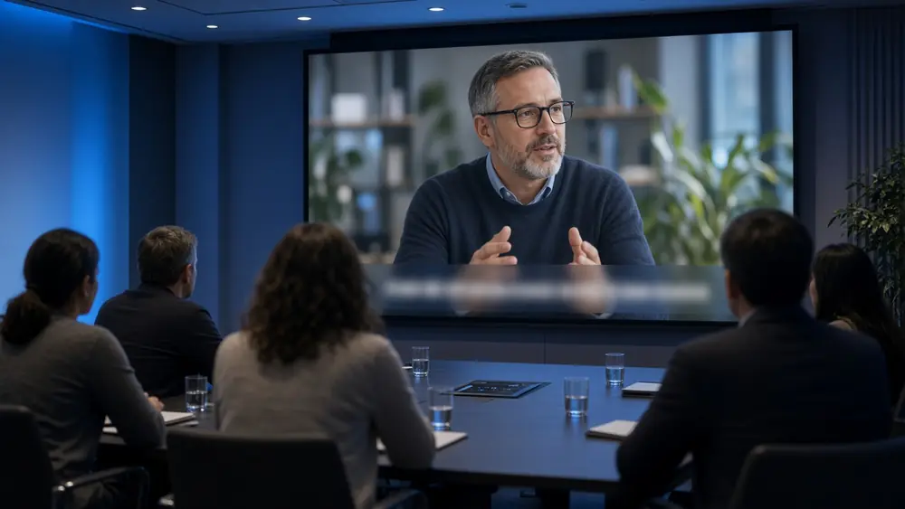 Meeting attendees watching a presenter on a large screen with a live caption bar