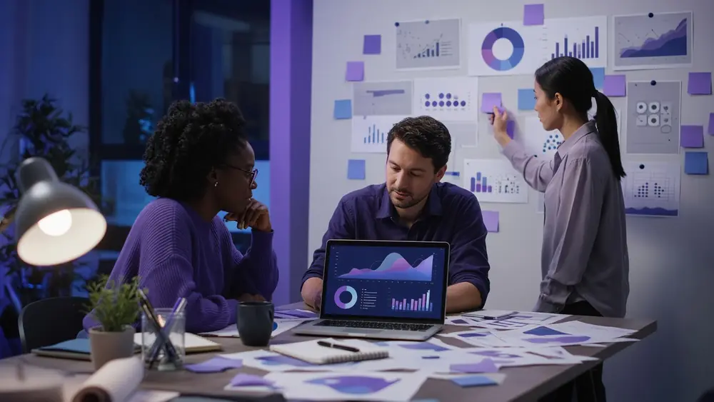A marketing team reviewing analytics charts on a laptop and a planning wall