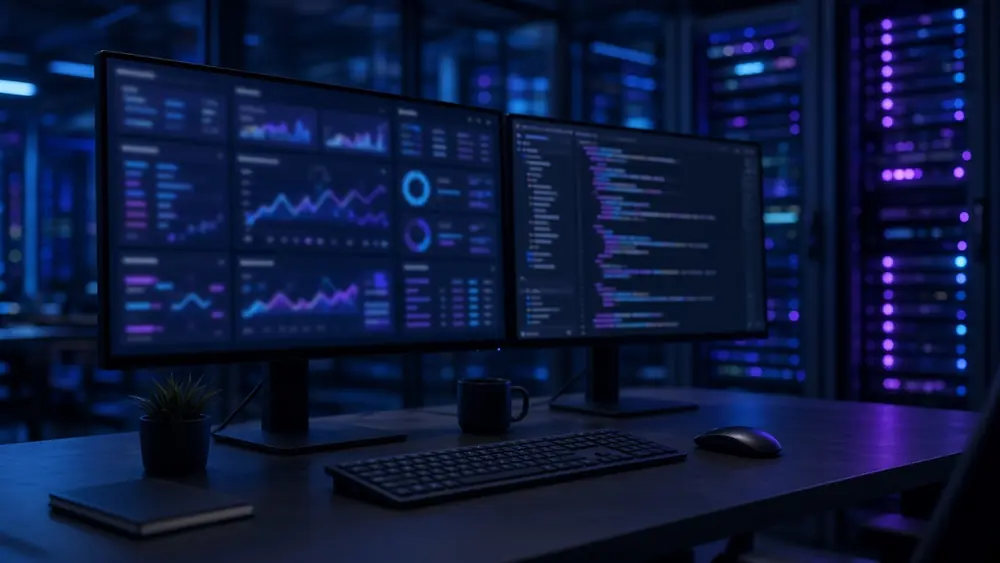 Monitors showing dashboards and code in a modern technology workspace