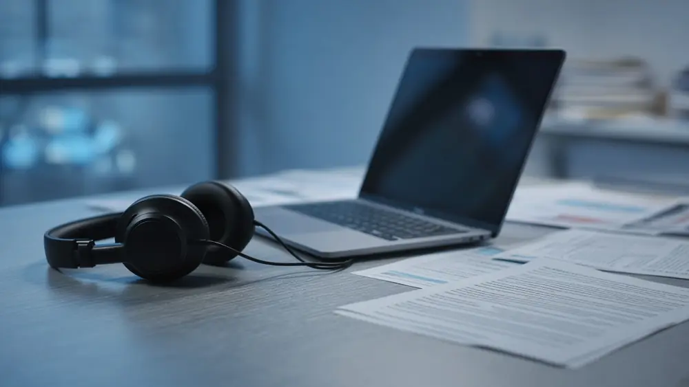 Headphones, a laptop and printed documents on a desk, ready for transcription and translation work
